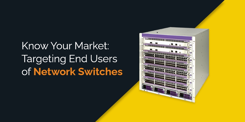The image features the blog title 'Know Your Market: Targeting End Users of Network Switches' displayed prominently in bold text on a vibrant background. Below the title is an illustrative depiction of Alcatel Lucent Enterprise's impressive switch stack. The switch stack showcases a series of fixed configuration Gigabit Ethernet L2/L3/L4+ switches with various port configurations. The switches are neatly aligned, reflecting the organization's dedication to providing advanced networking solutions for medium to large-sized enterprises. The image exudes professionalism and sophistication, capturing the essence of the informative blog post